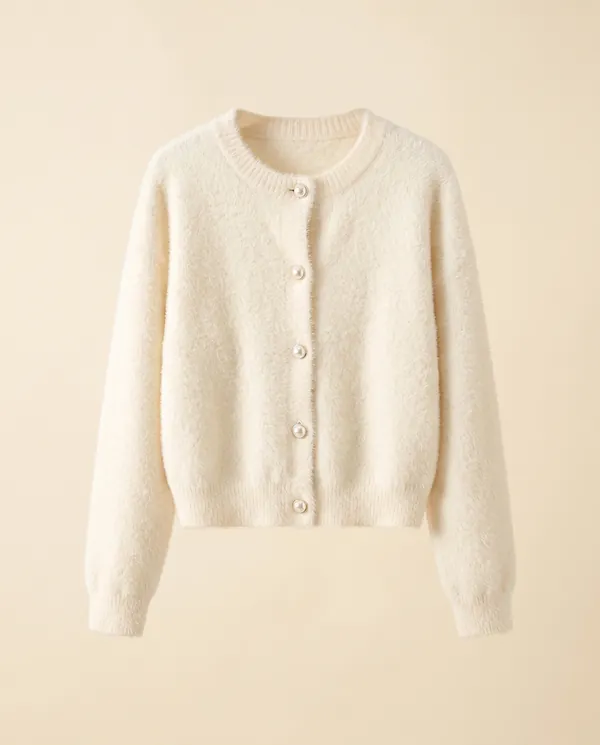Soft Mink-Look Cardigan Jacket in Cream White, product shot on a plain background