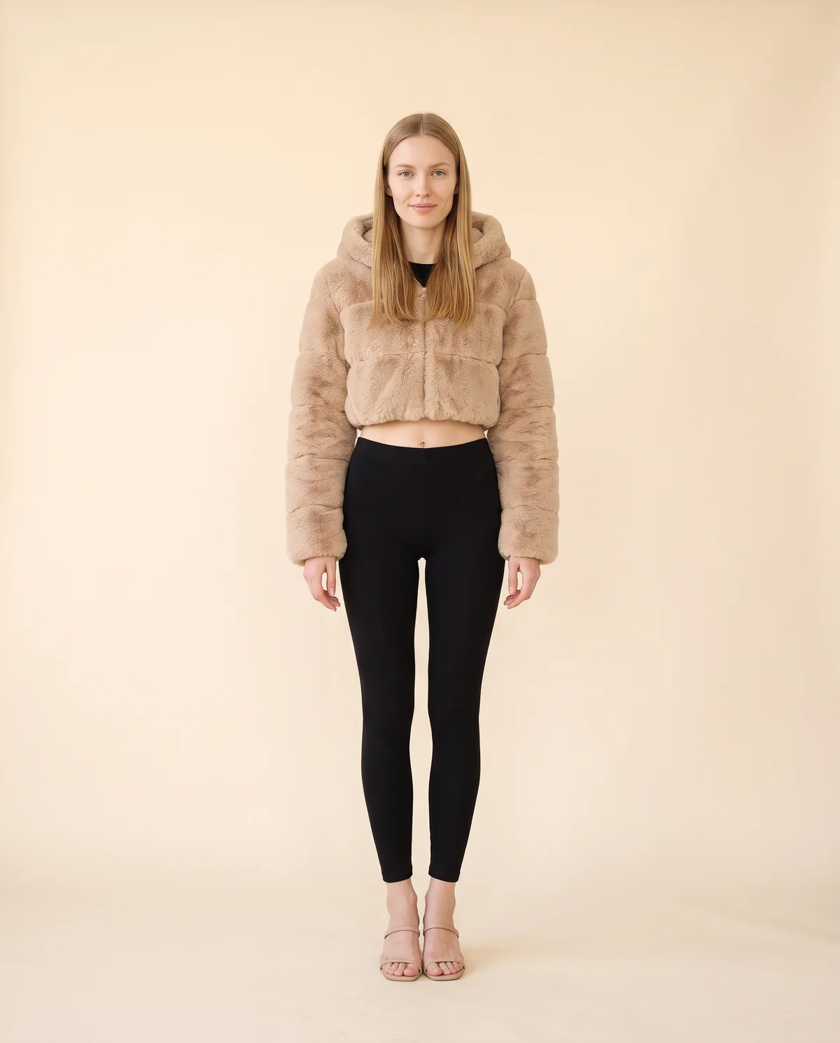 Hooded Cropped Faux Fur Jacket in Beige, front view, worn by Maya