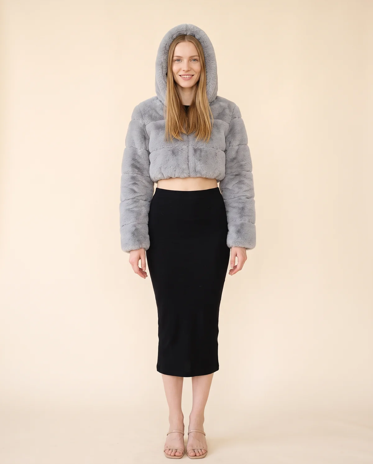 Hooded Cropped Faux Fur Jacket in Grey, front view, worn by Maya