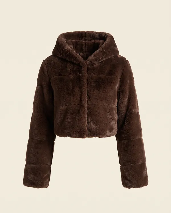 Hooded Cropped Faux Fur Jacket in Chocolate, product shot on a plain background