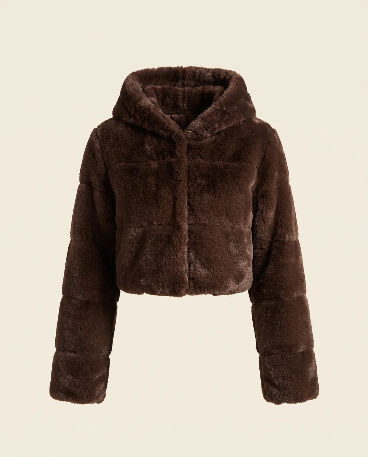 Hooded Cropped Faux Fur Jacket in Chocolate, product shot on a plain background