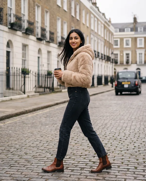 Satin Eve styling: Hooded Cropped Faux Fur Jacket