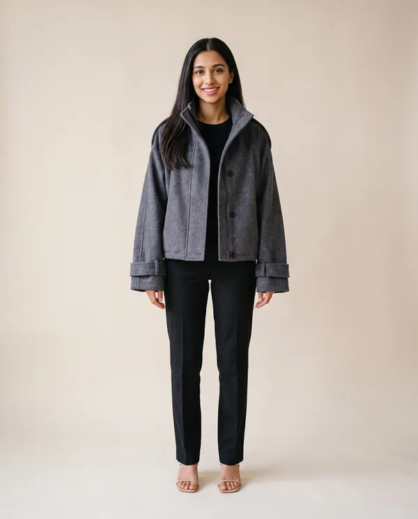 Wool-Look Stand-Collar Short Jacket in Slate Grey, front view, worn by Priya