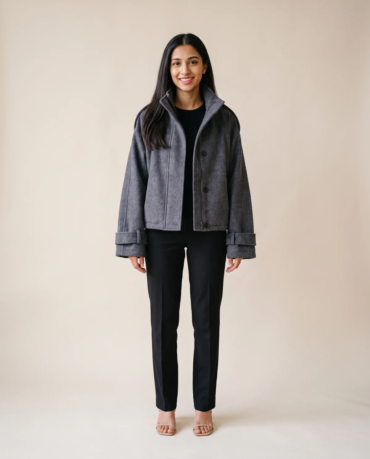 Wool-Look Stand-Collar Short Jacket in Slate Grey, front view, worn by Priya
