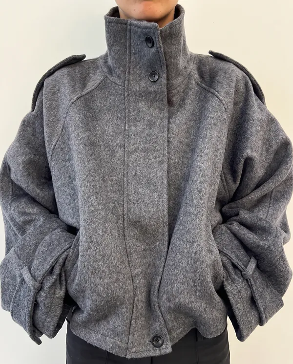 Wool-Look Stand-Collar Short Jacket in Slate Grey, close-up of the detail