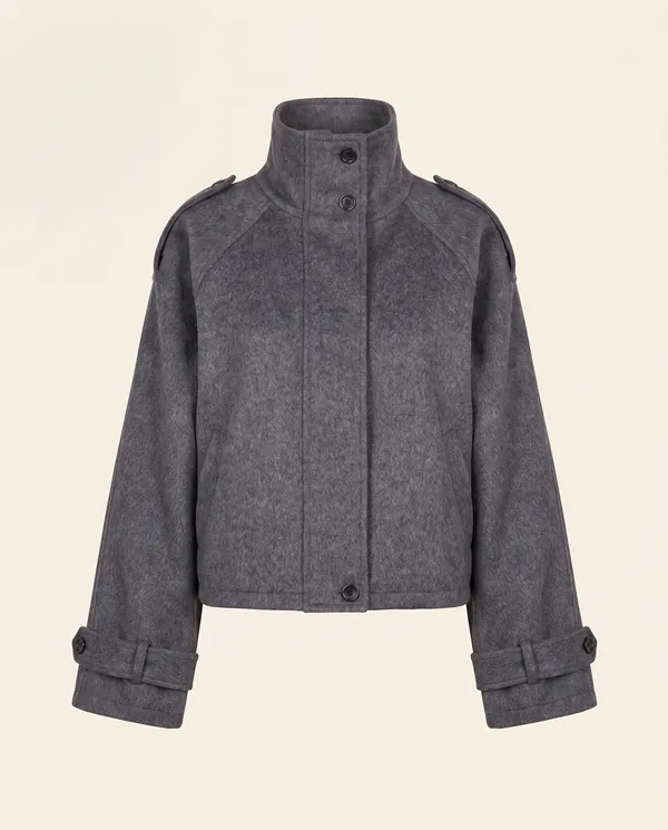 Wool-Look Stand-Collar Short Jacket in Slate Grey, product shot on a plain background