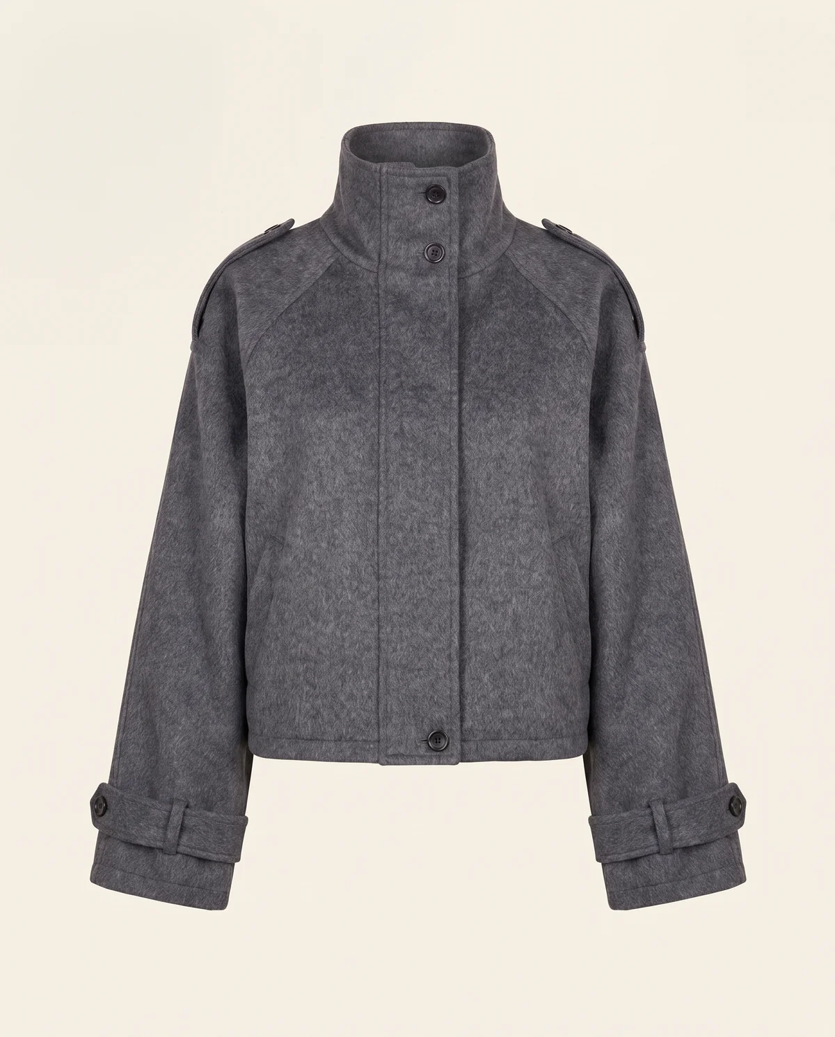 Wool-Look Stand-Collar Short Jacket in Slate Grey, product shot on a plain background