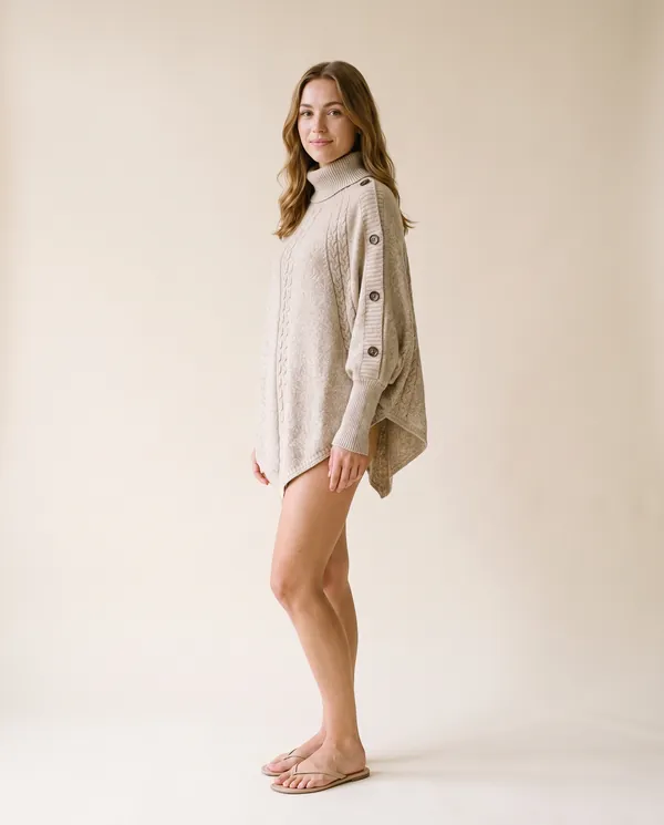 Cable Knit Roll Neck Button Cape Jumper in Oatmeal, side view, worn by Ava