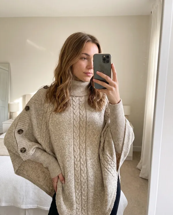 Satin Eve styling: Cable Knit Roll Neck Button Cape Jumper