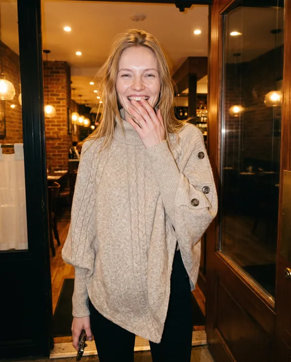 Satin Eve styling: Cable Knit Roll Neck Button Cape Jumper