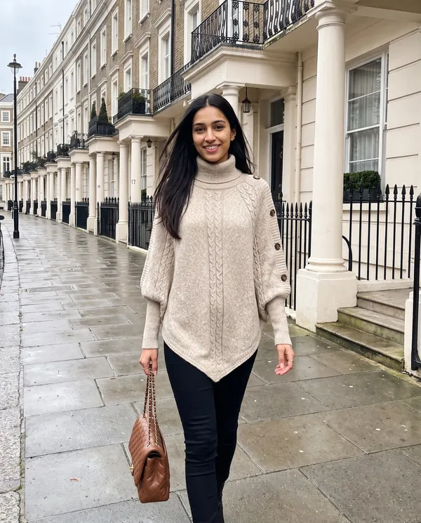 Satin Eve styling: Cable Knit Roll Neck Button Cape Jumper