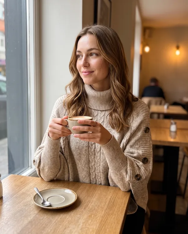 Satin Eve styling: Cable Knit Roll Neck Button Cape Jumper