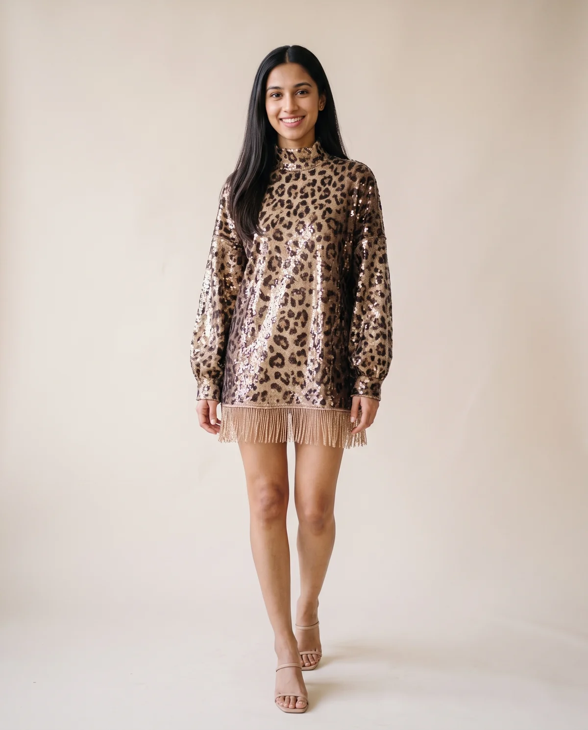 Leopard Sequin Fringe-Hem Mini Dress in Leopard, front view, worn by Priya