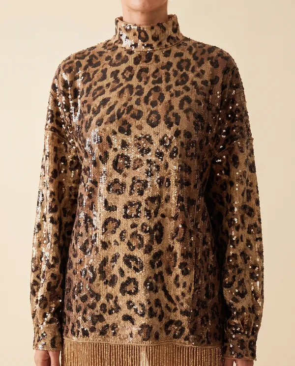 Leopard Sequin Fringe-Hem Mini Dress in Leopard, close-up of the detail
