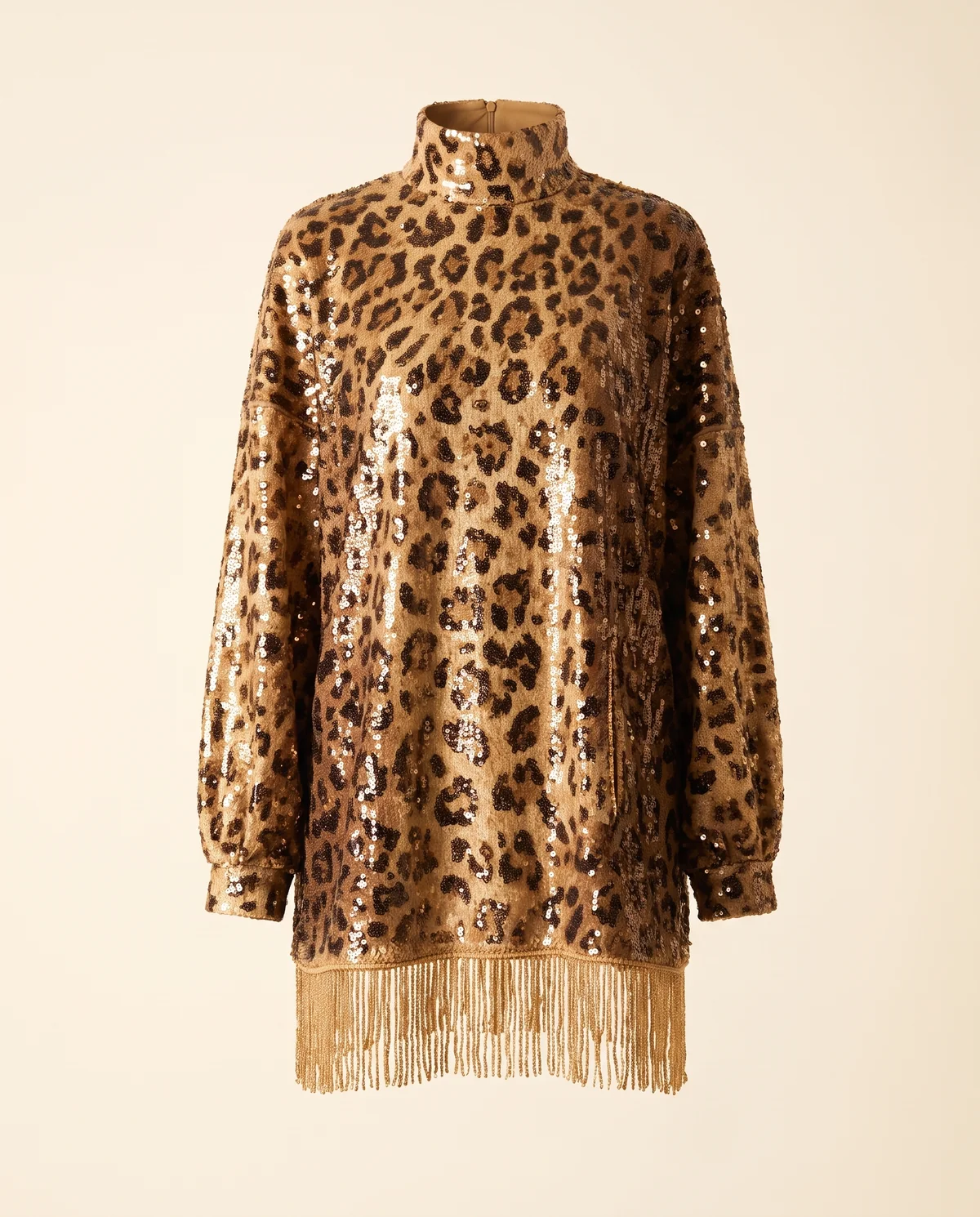 Leopard Sequin Fringe-Hem Mini Dress in Leopard, product shot on a plain background