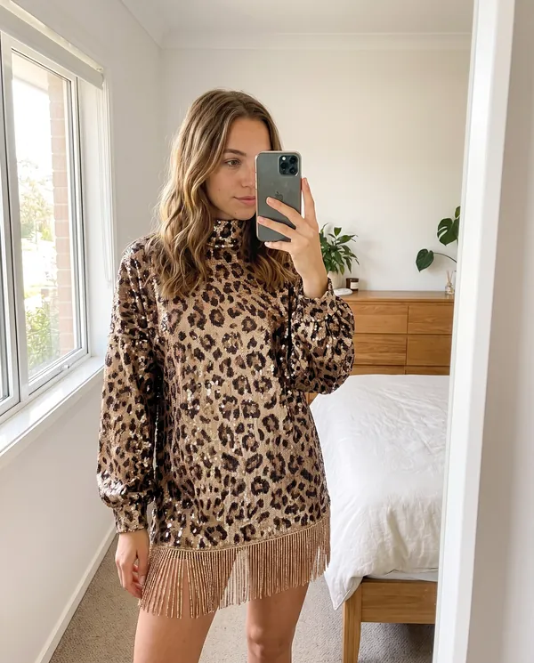 Satin Eve styling: Leopard Sequin Fringe-Hem Mini Dress