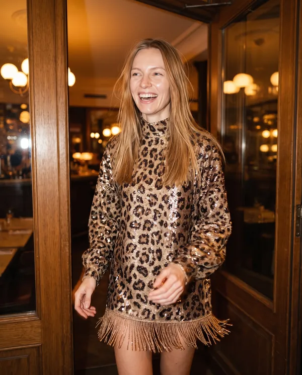 Satin Eve styling: Leopard Sequin Fringe-Hem Mini Dress
