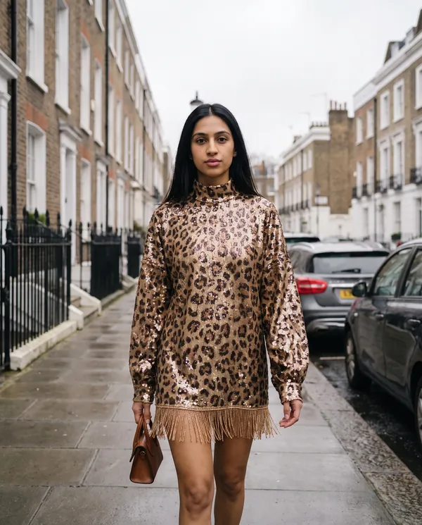 Satin Eve styling: Leopard Sequin Fringe-Hem Mini Dress