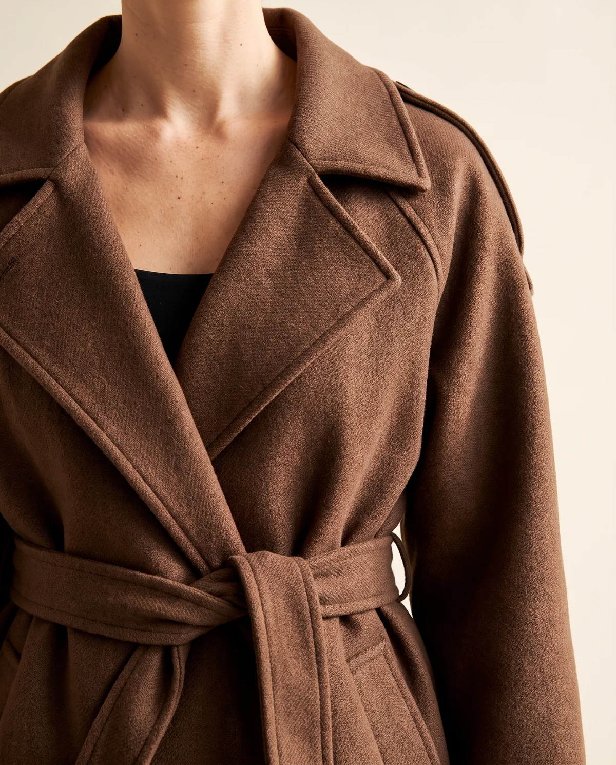 Belted Wool-Look Short Coat in Chestnut, close-up of the detail