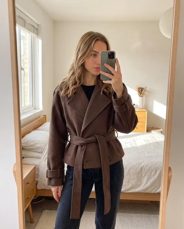 Satin Eve styling: Belted Wool-Look Short Coat
