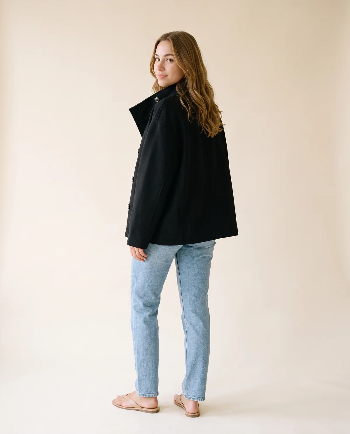 Black Wool-Look Stand-Collar Jacket in Black, back view, worn by Ava