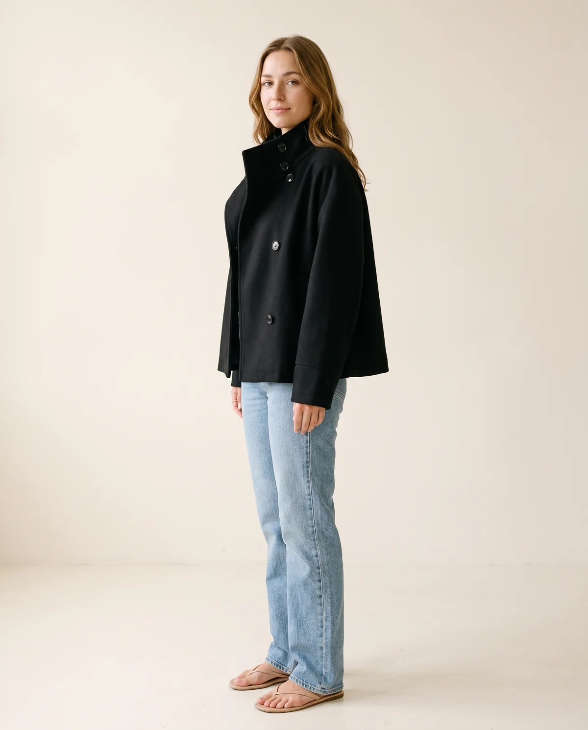 Black Wool-Look Stand-Collar Jacket in Black, side view, worn by Ava