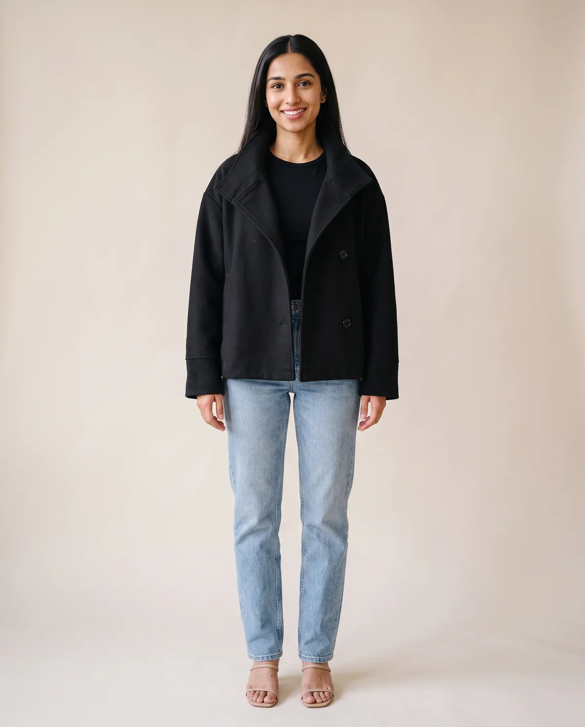 Black Wool-Look Stand-Collar Jacket in Black, front view, worn by Priya