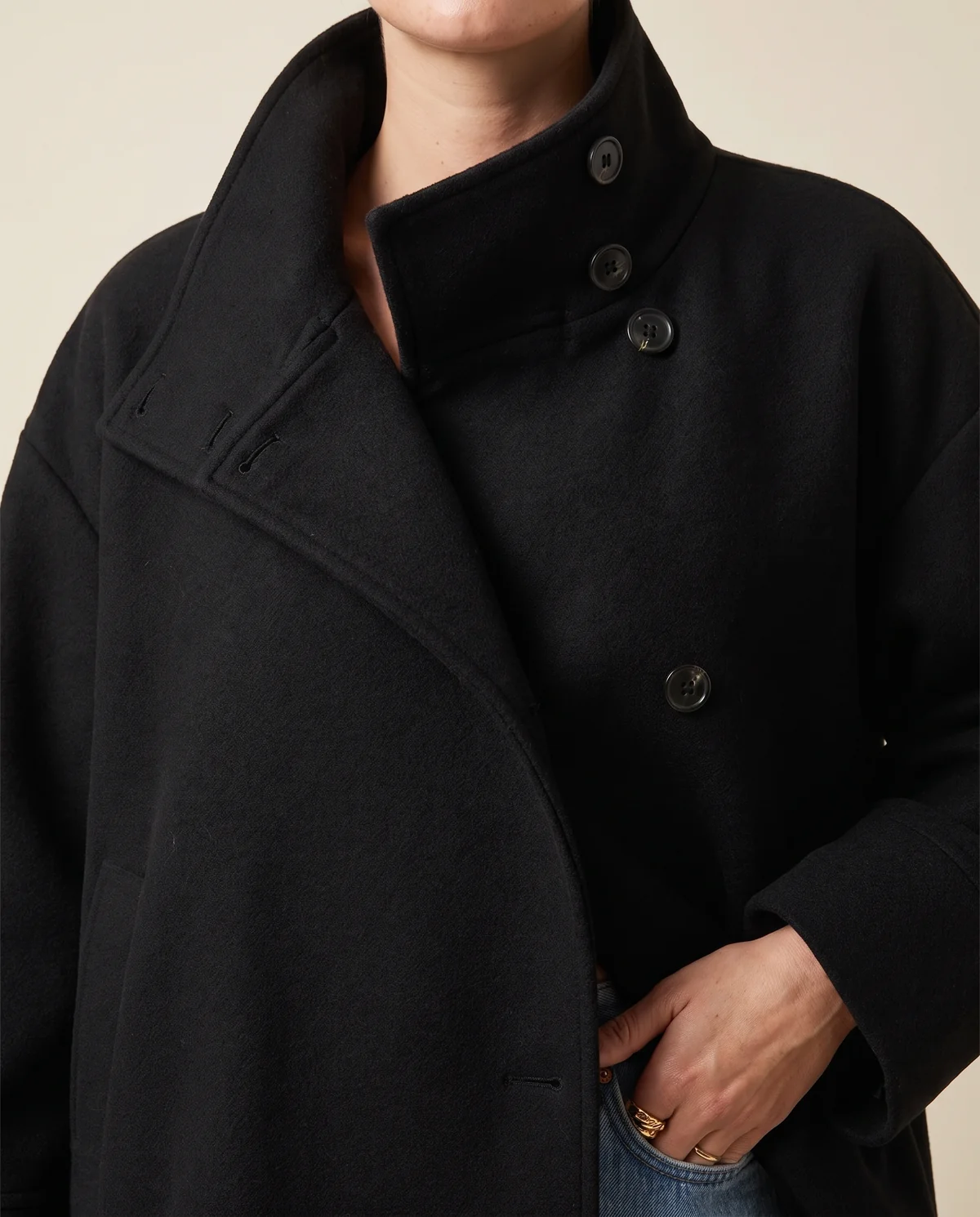Black Wool-Look Stand-Collar Jacket in Black, close-up of the detail