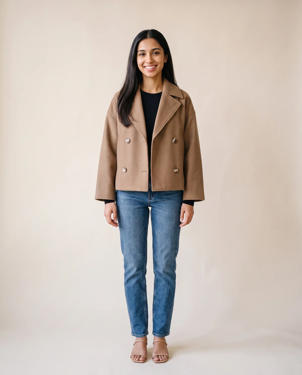 Short Double-Breasted Peacoat in Camel, front view, worn by Priya