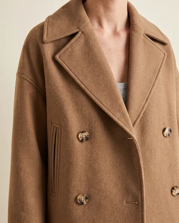 Short Double-Breasted Peacoat in Camel, close-up of the detail