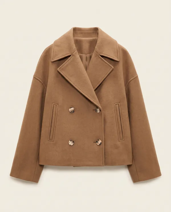 Short Double-Breasted Peacoat in Camel, product shot on a plain background