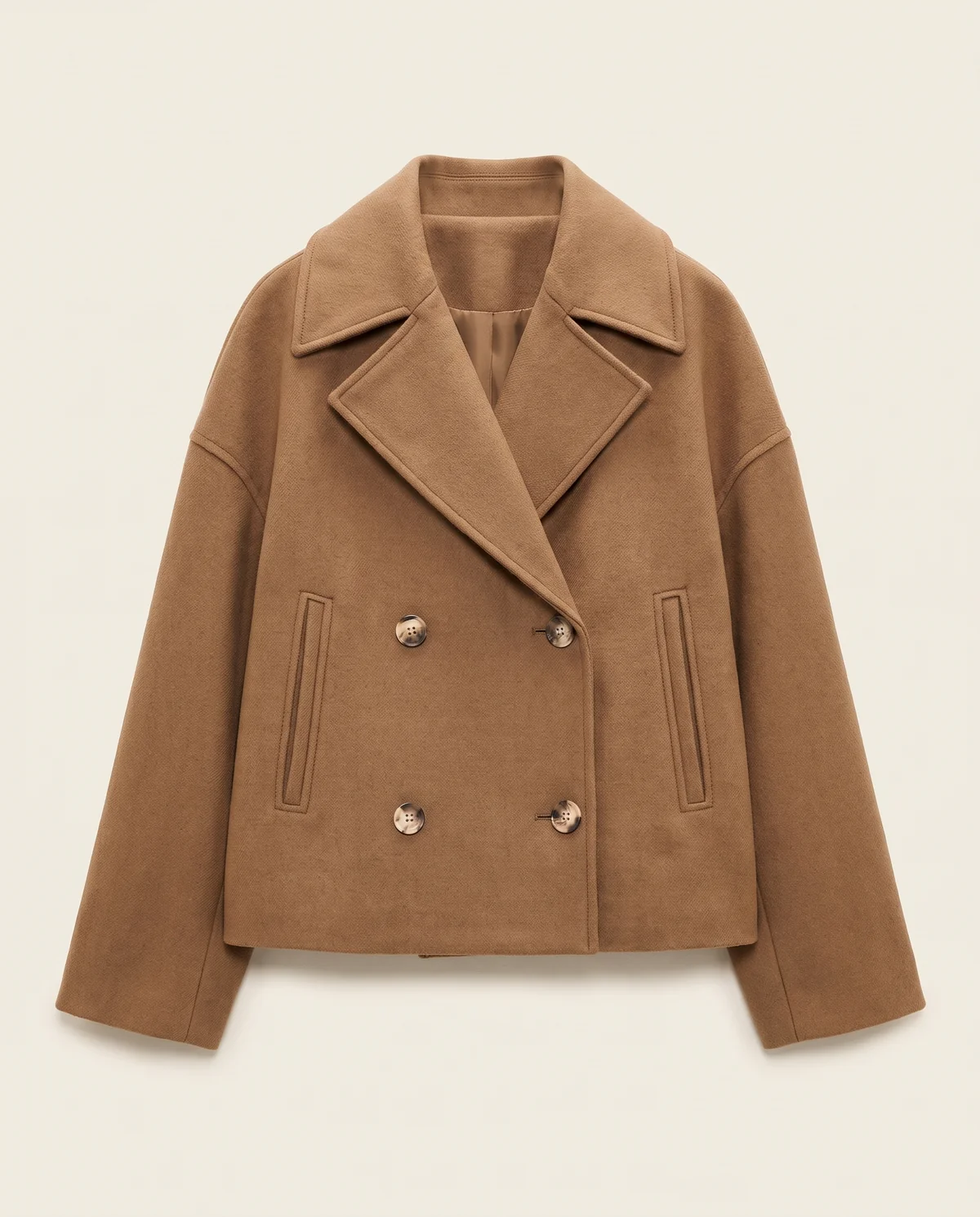 Short Double-Breasted Peacoat in Camel, product shot on a plain background