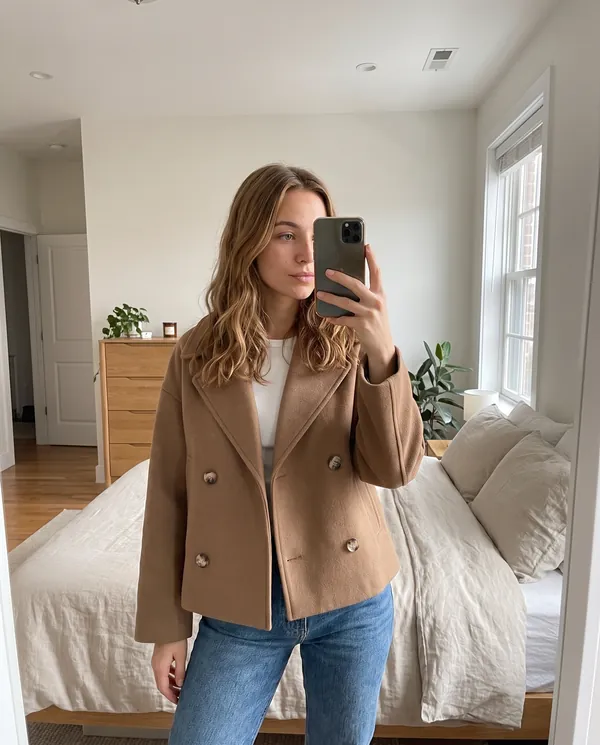 Satin Eve styling: Short Double-Breasted Peacoat
