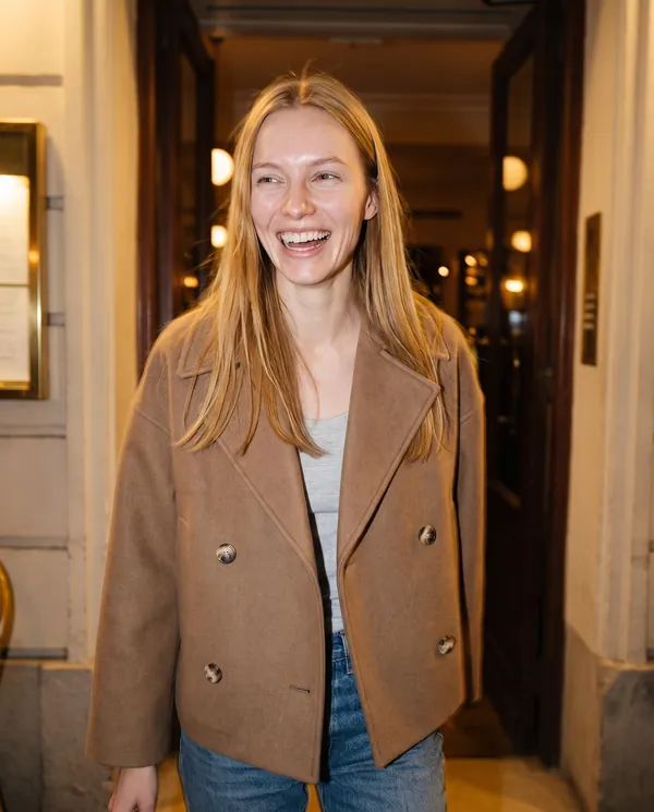 Satin Eve styling: Short Double-Breasted Peacoat