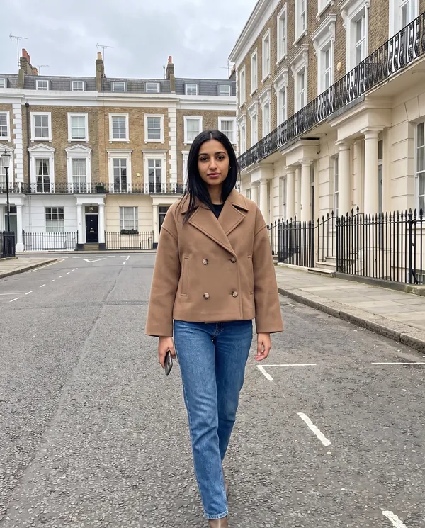 Satin Eve styling: Short Double-Breasted Peacoat