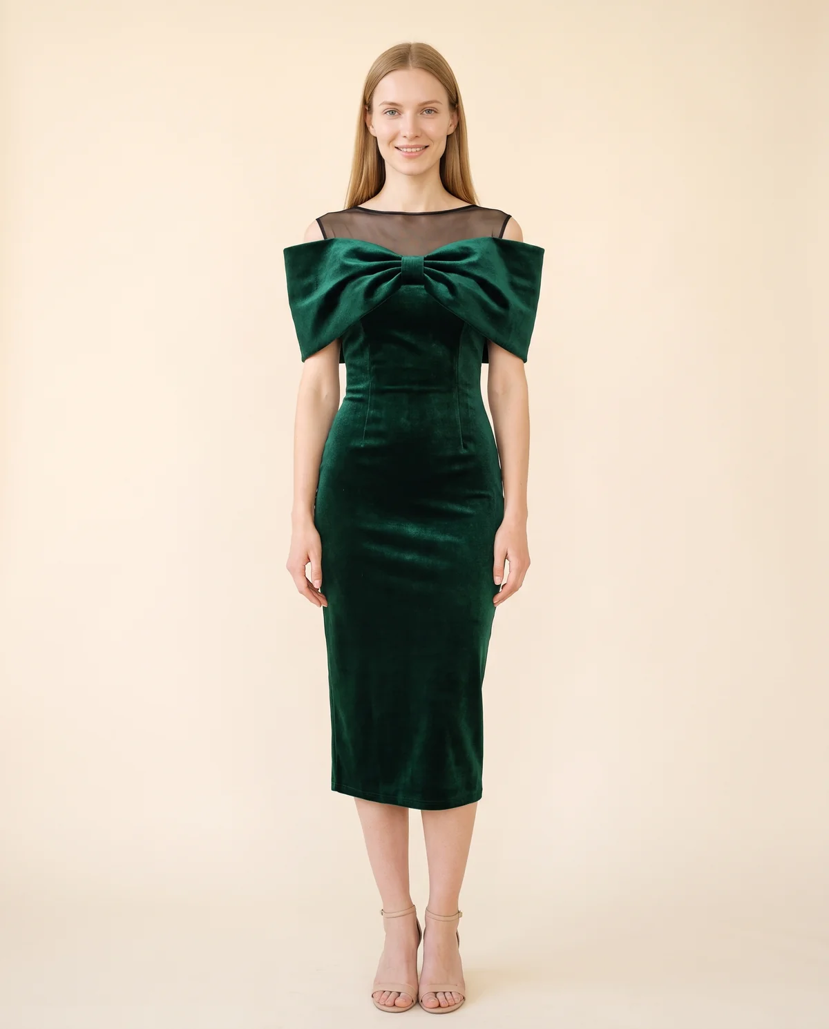 Velvet Bow-Shoulder Sheath Midi Dress in Emerald, front view, worn by Maya