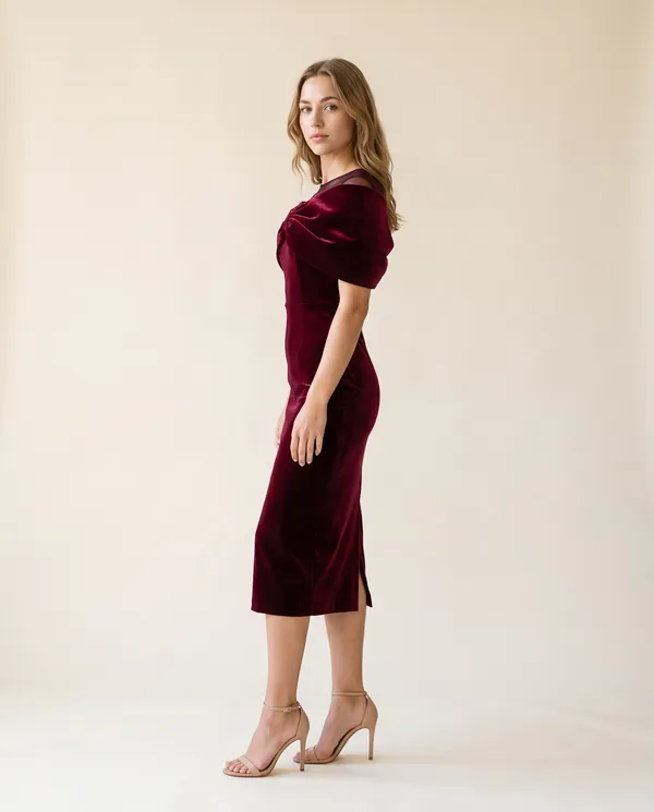 Velvet Bow-Shoulder Sheath Midi Dress in Wine, side view, worn by Ava