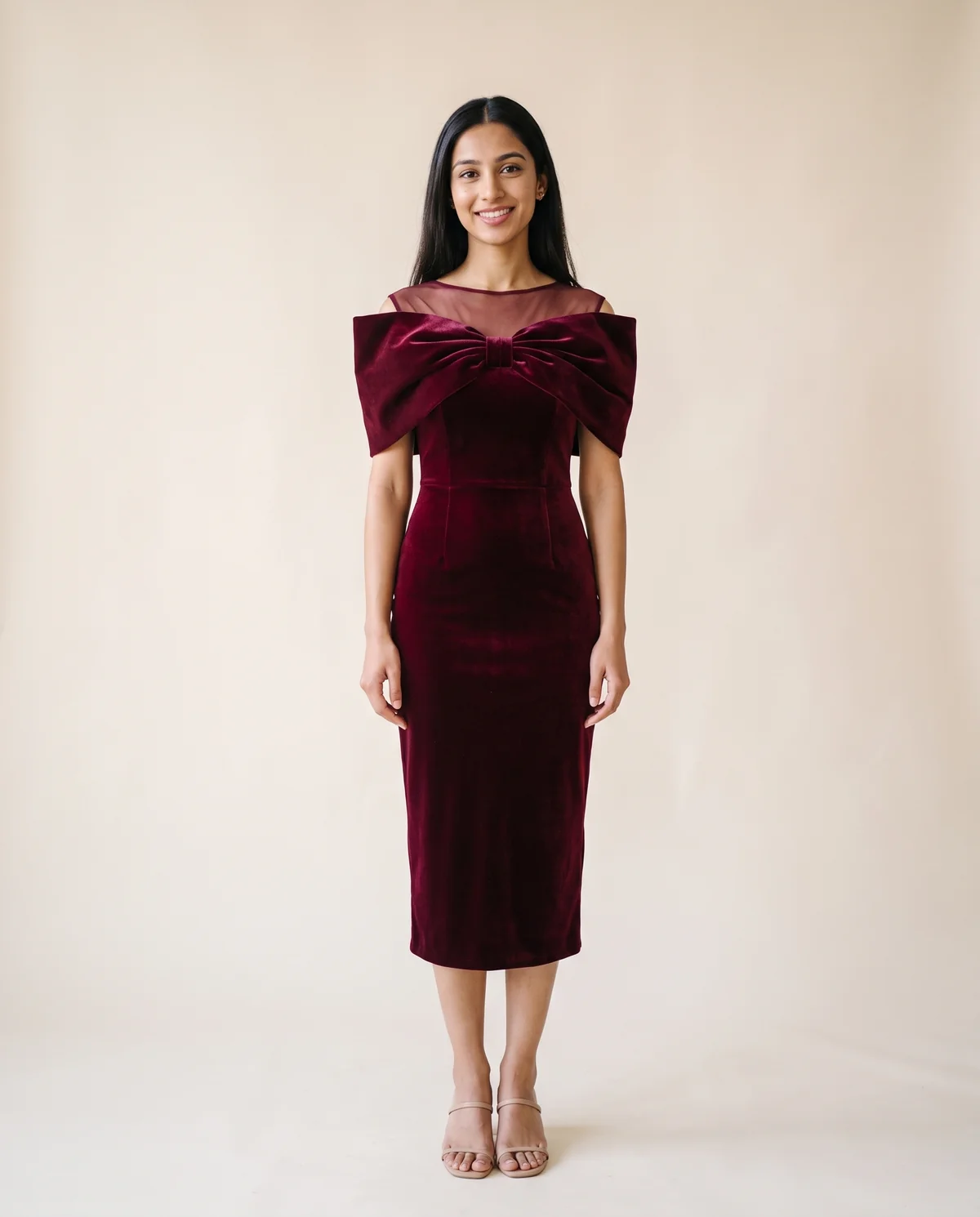 Velvet Bow-Shoulder Sheath Midi Dress in Wine, front view, worn by Priya