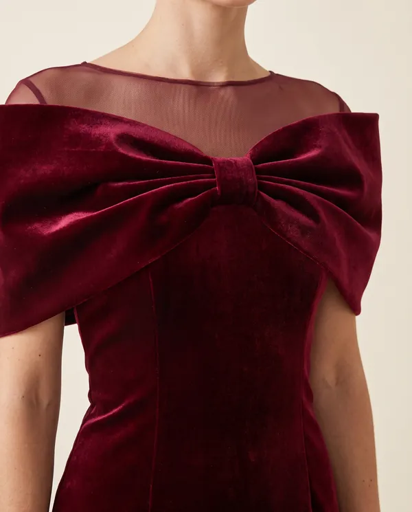 Velvet Bow-Shoulder Sheath Midi Dress in Wine, close-up of the detail