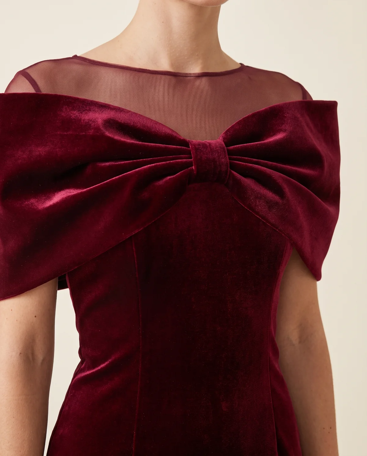 Velvet Bow-Shoulder Sheath Midi Dress in Wine, close-up of the detail