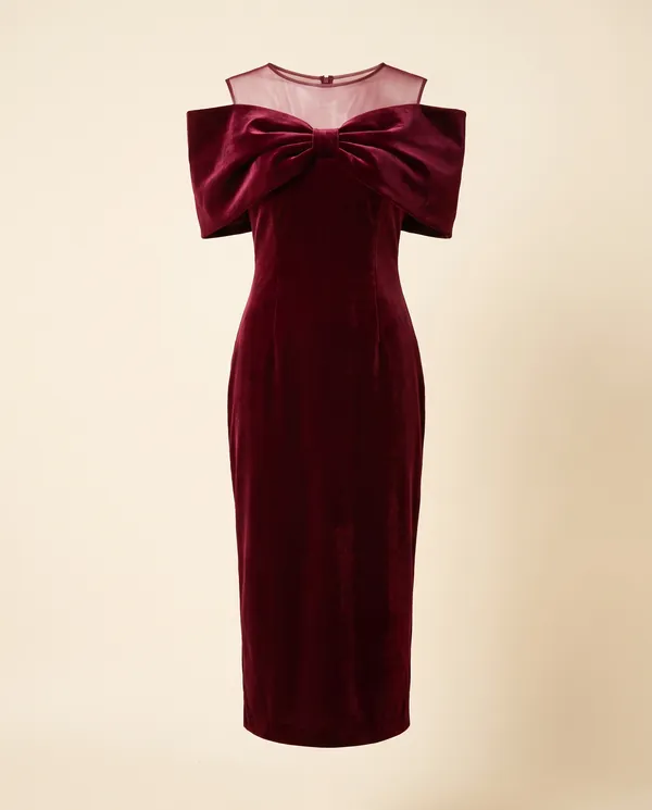 Velvet Bow-Shoulder Sheath Midi Dress in Wine, product shot on a plain background