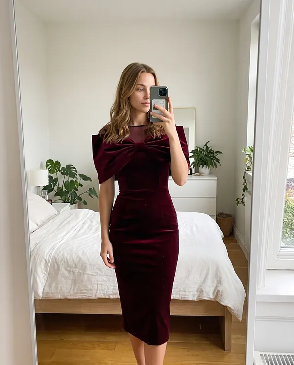 Satin Eve styling: Velvet Bow-Shoulder Sheath Midi Dress