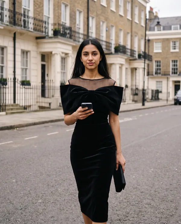 Satin Eve styling: Velvet Bow-Shoulder Sheath Midi Dress