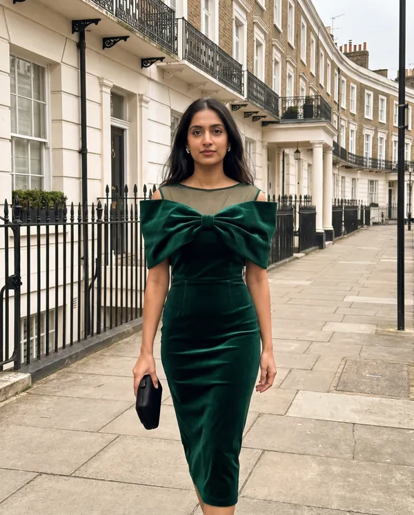 Satin Eve styling: Velvet Bow-Shoulder Sheath Midi Dress