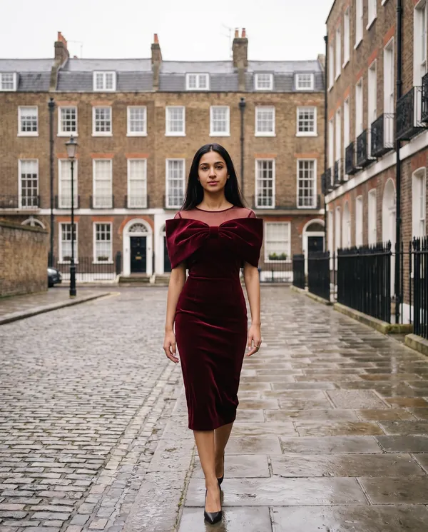 Satin Eve styling: Velvet Bow-Shoulder Sheath Midi Dress