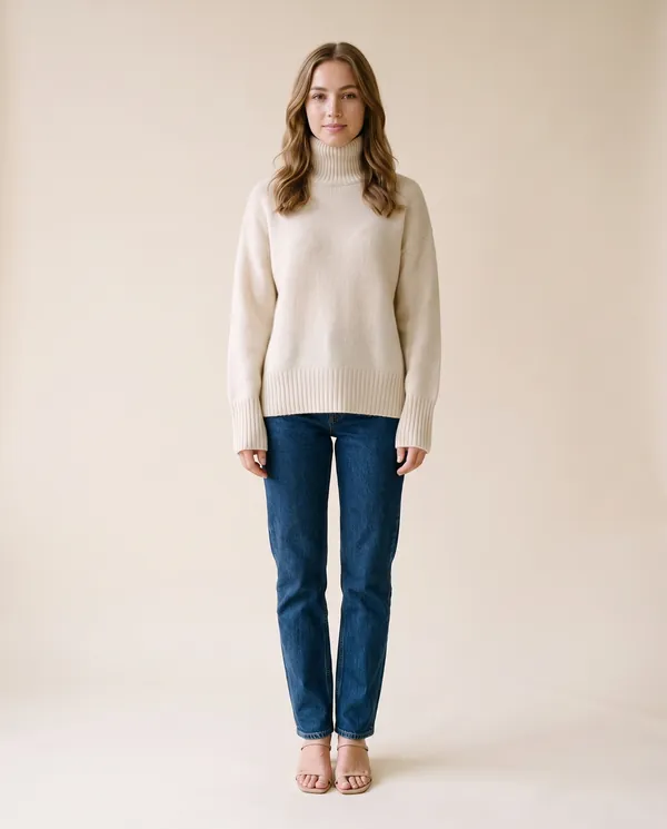 Soft Knit Roll Neck Jumper in Cream, front view, worn by Ava