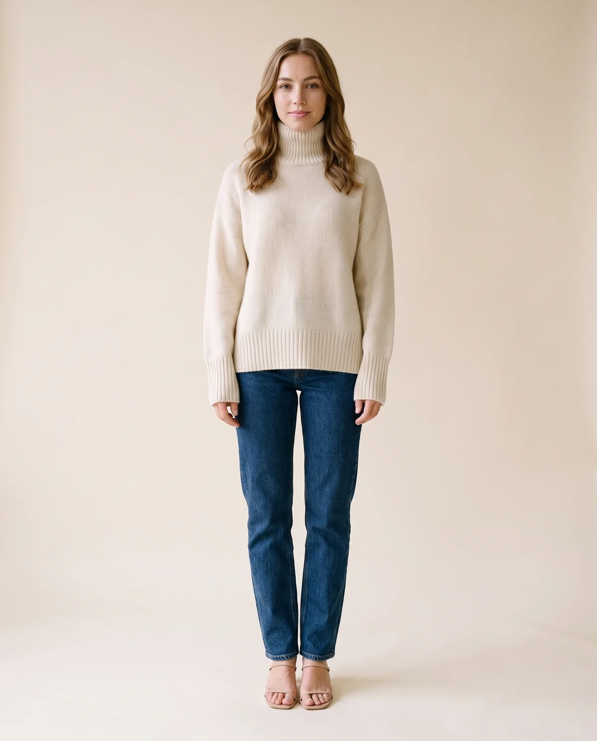 Soft Knit Roll Neck Jumper in Cream, front view, worn by Ava