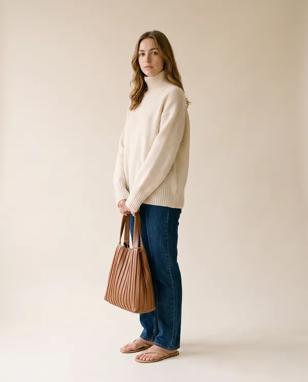 Soft Knit Roll Neck Jumper in Cream, side view, worn by Ava