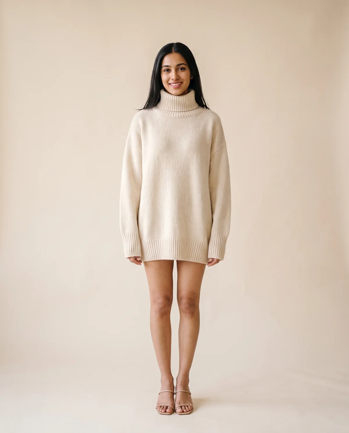 Soft Knit Roll Neck Jumper in Cream, front view, worn by Priya