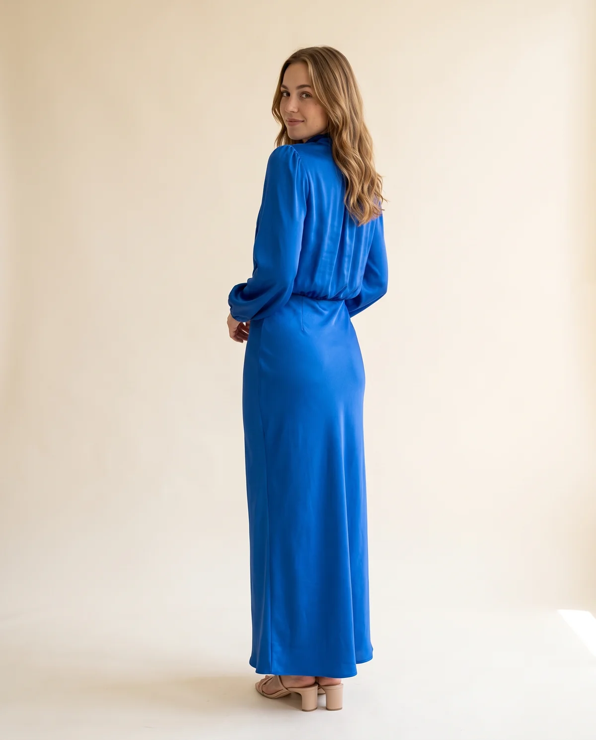 Satin Cowl-Neck Long-Sleeve Column Maxi in Royal Blue, back view, worn by Ava